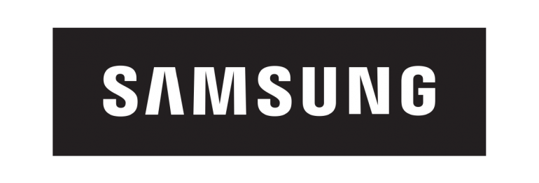 A black and white logo for samsung on a white background.