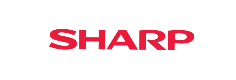 The sharp logo is red and white on a white background.
