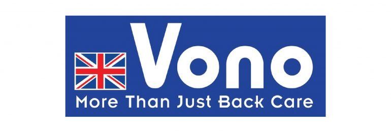 A blue and white logo for vono more than just back care