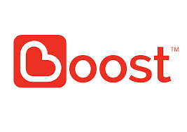 A red boost logo on a white background