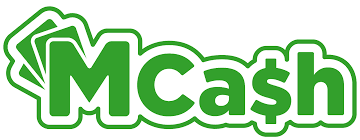 A green and white logo for mcash with a dollar sign.