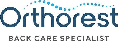 The logo for orthorest back care specialist is blue and white.