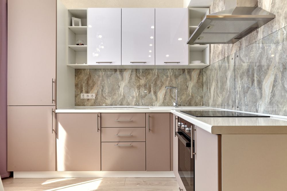 Modern Kitchen With White and Pink Cabinets, Marble Backsplash — Morrison Cabinetry in Cedar Pocket, QLD