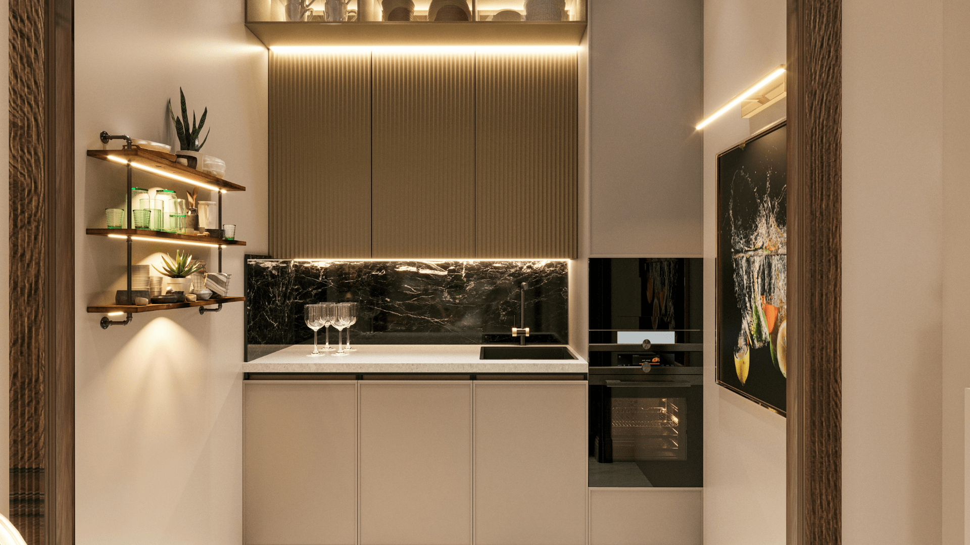 Modern kitchen with neutral cabinets, dark backsplash, built-in oven, and lighted shelving — Morrison Cabinetry in Cedar Pocket, QLD