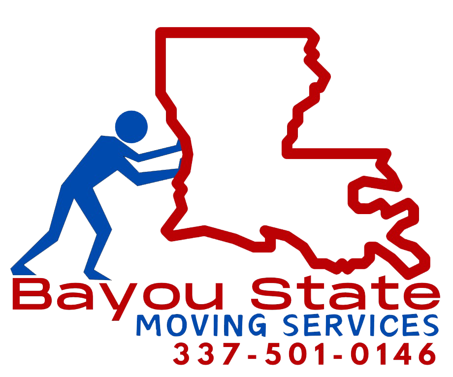 A logo for bayou state moving services with a man pushing a map