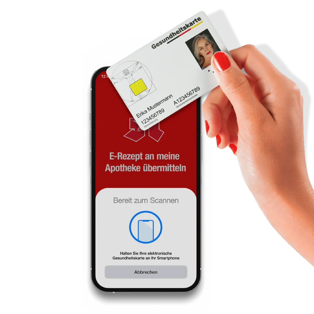 Eine Person hält eine Karte über ein Mobiltelefon.