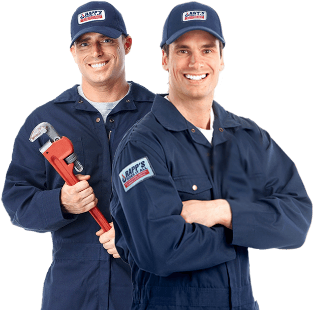 2 plumbers with navy blue overalls and hat smiling