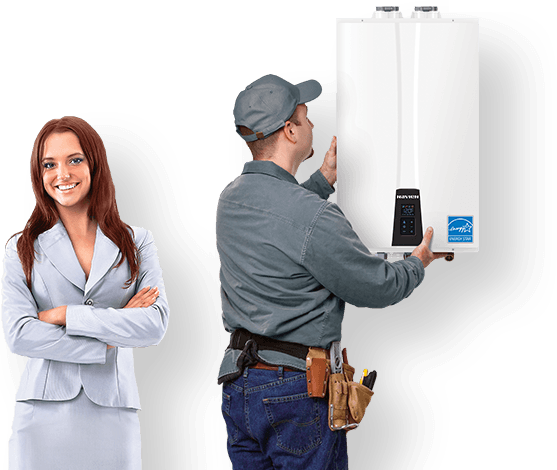 Hvac worker installing a wall mounted boiler next to woman in a suit