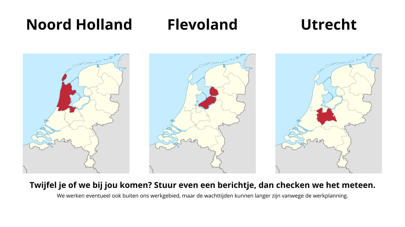 Maps of Dutch provinces: Noord Holland, Flevoland, and Utrecht, highlighted in red.