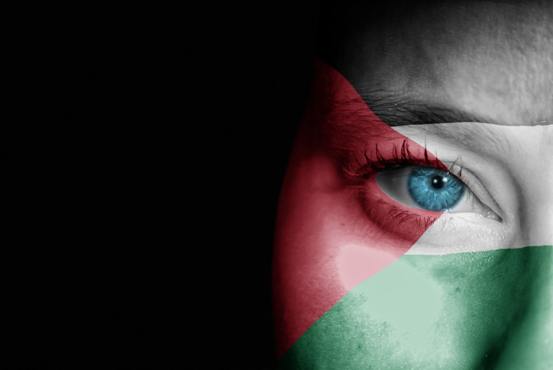 Het gezicht (half) van een supporter van Free Palestine, met de kleuren van de Palestijnse vlag.