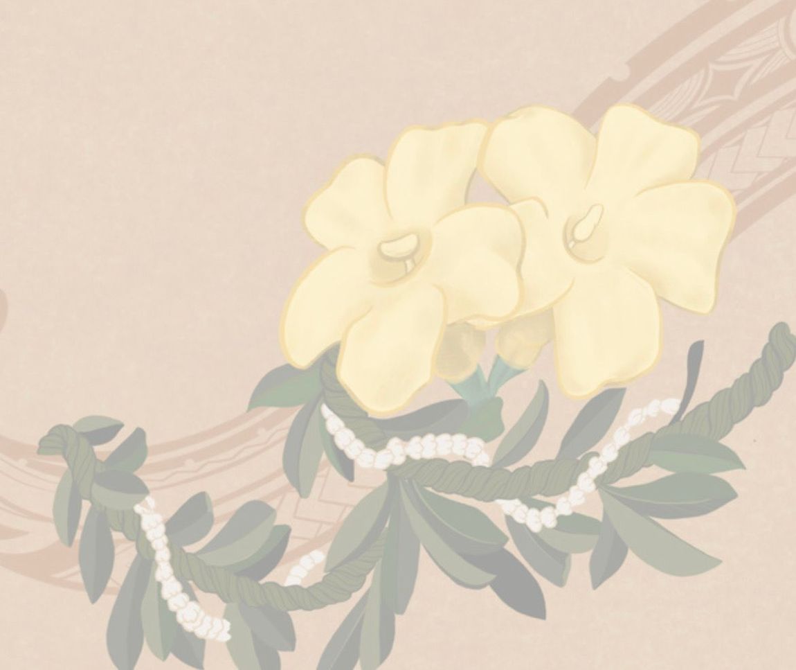 A painting of a flower with pearls and leaves on a beige background.