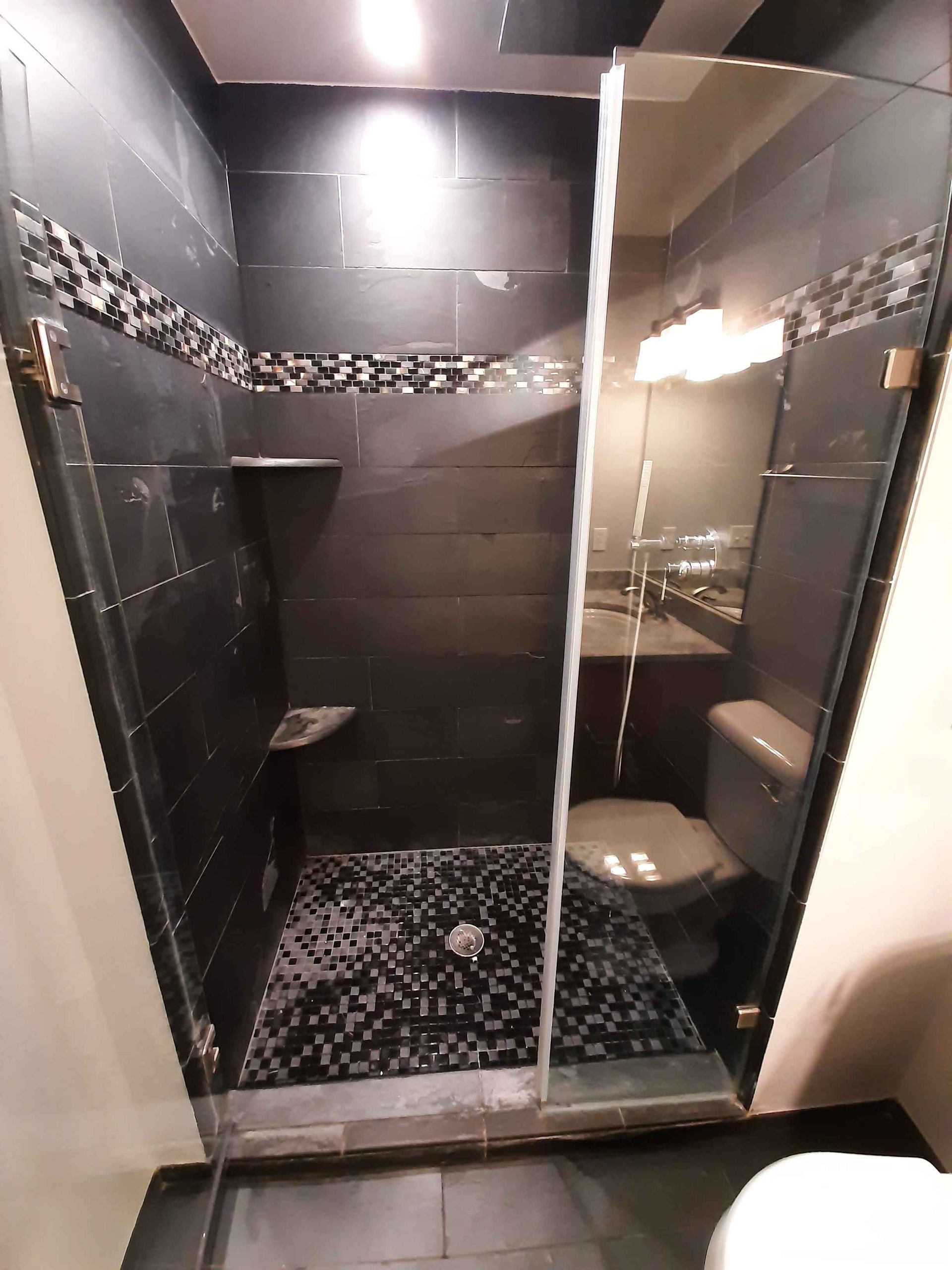 A bathroom with a walk in shower and a toilet