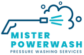 A blue and white logo shows a pressure washer spraying, with the text "Mister Powerwash" below.