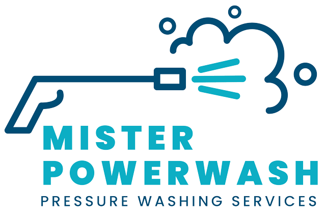 A blue and white logo shows a pressure washer spraying, with the text "Mister Powerwash" below.