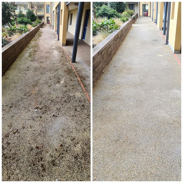 Before and after of a walkway cleaned, brown walls and buildings in the background.