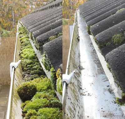 Gutter filled with moss before and after cleaning, showing a transformation from overgrown to clean.