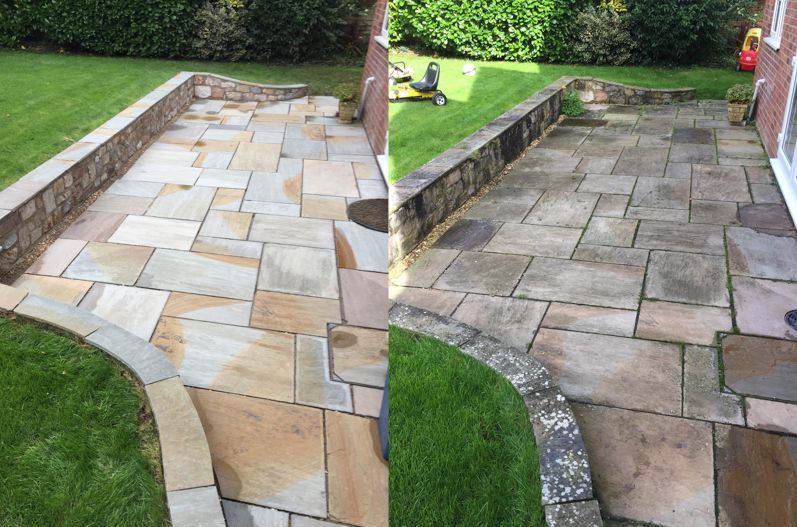 Before and after of a stone patio; left side cleaned, right side uncleaned, showing the impact of cleaning.