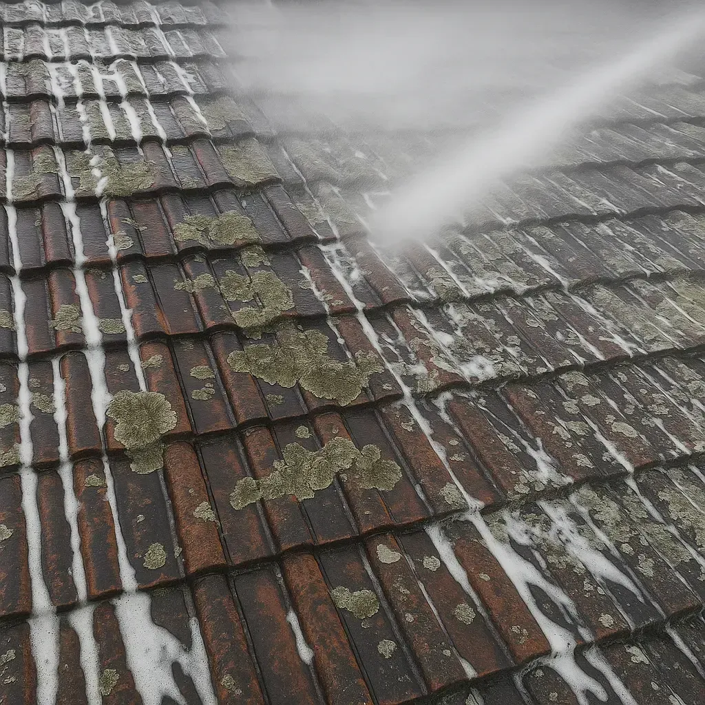 Roof tiles being pressure washed; showing the difference between dirty and clean areas.