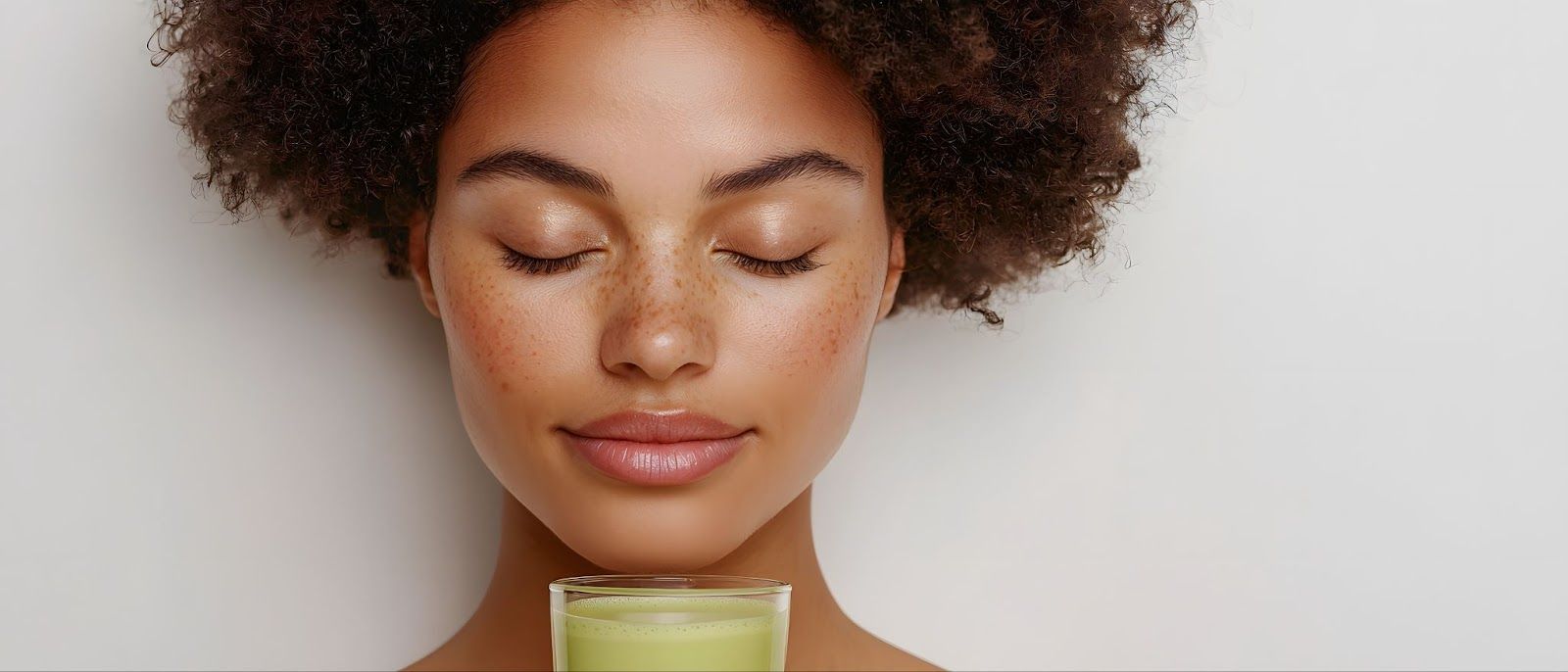 A woman with curly hair holding a glass of green smoothie against a plain background.