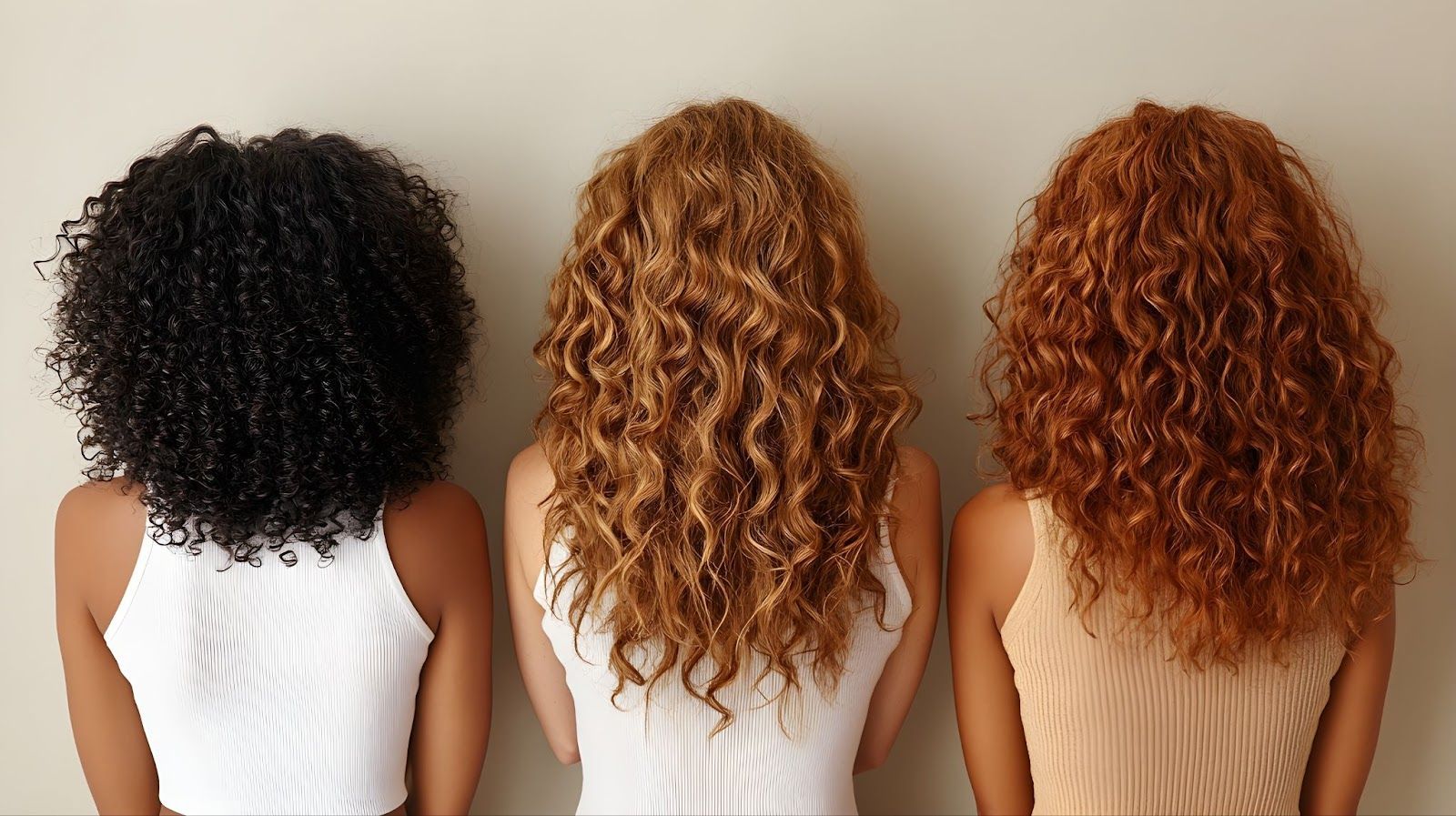Three women with curly hair in different colors (black, brown, and red) standing side by side.