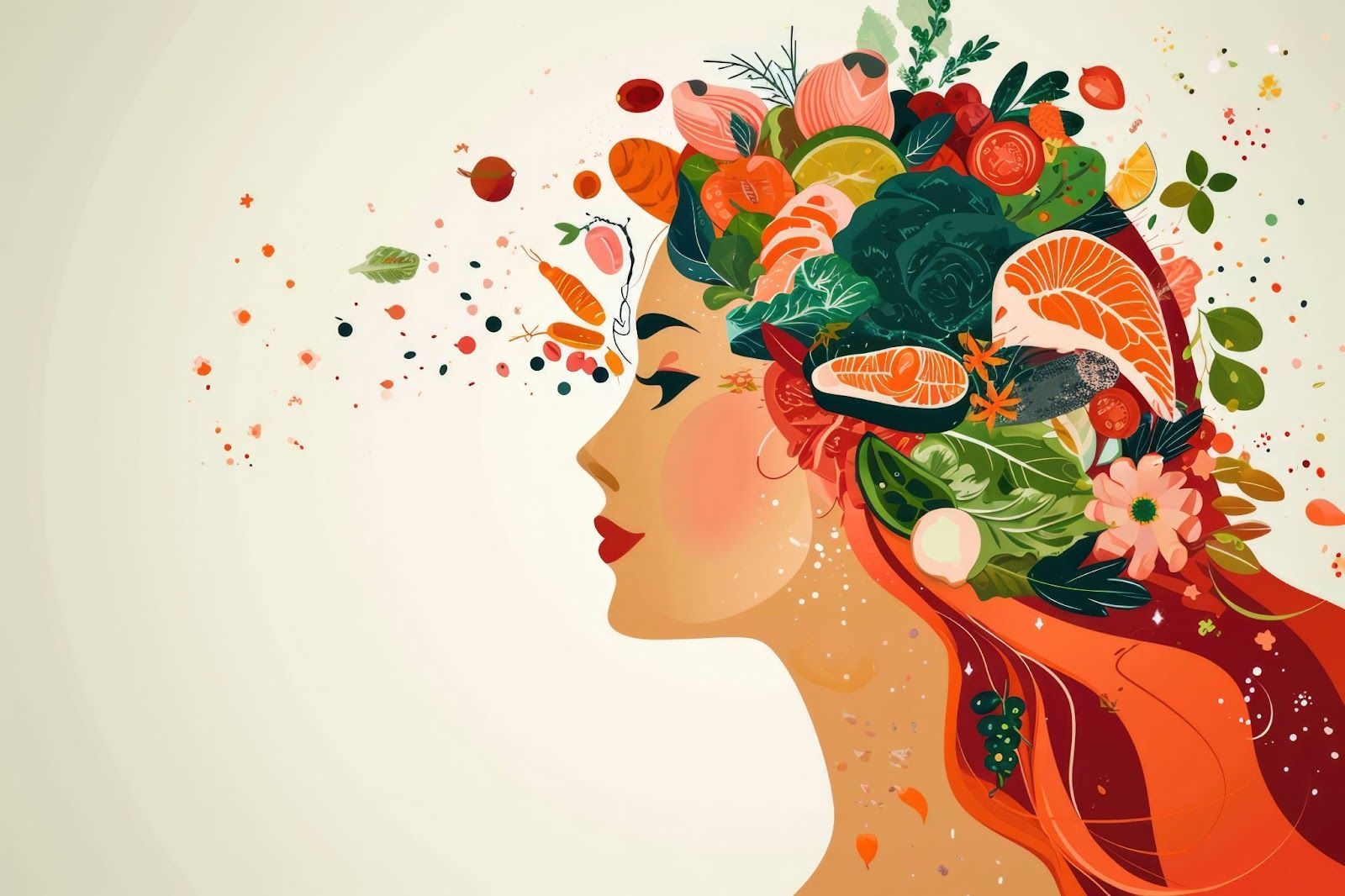 Vibrant illustration of a woman's profile with colorful fruits, vegetables, and flowers forming her 