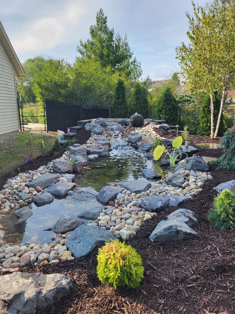 There is a fountain in the middle of the garden surrounded by plants.