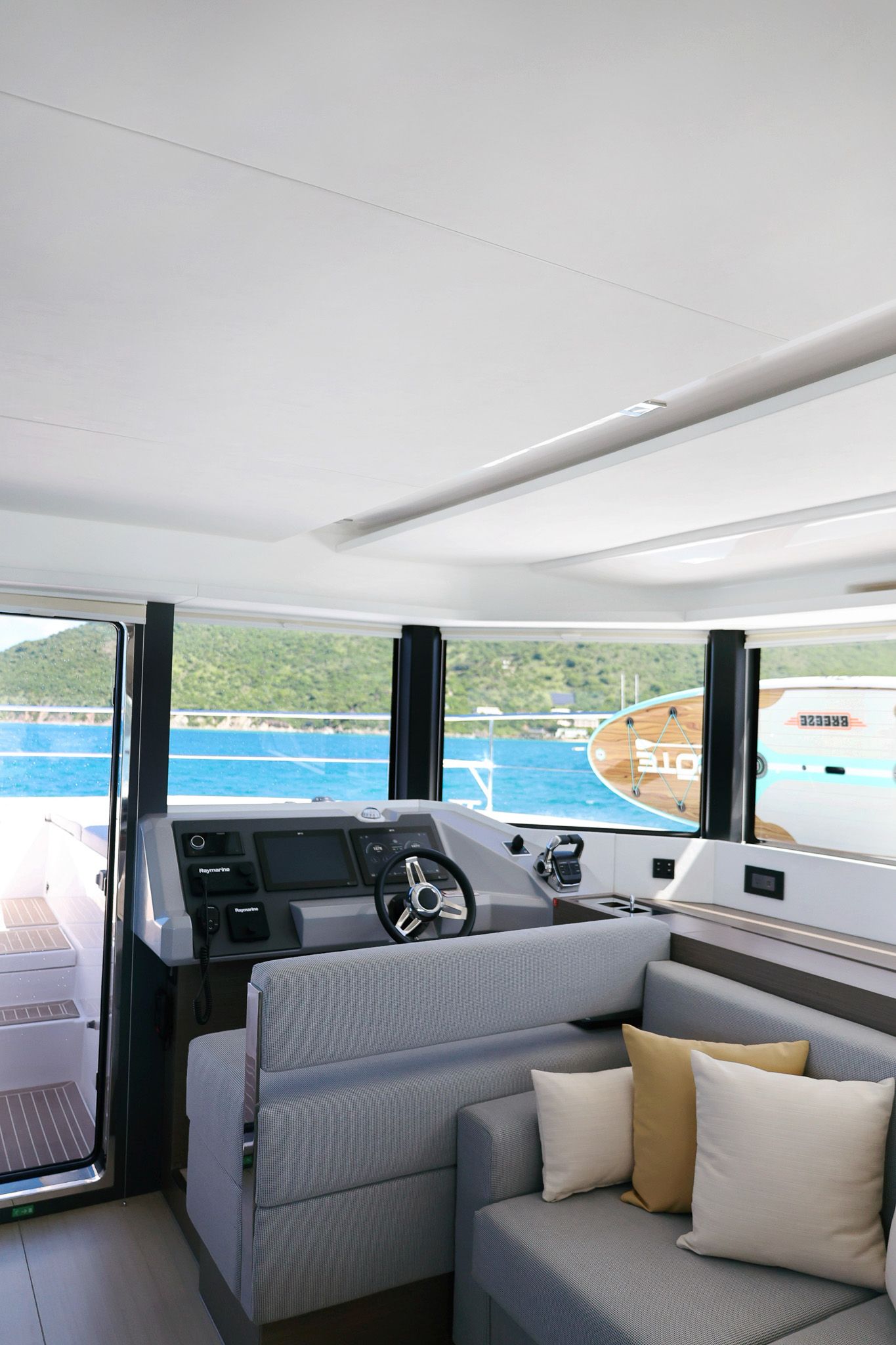 Cockpit interior of the luxurious Power Catamaran by Arawak Charters near the coast of Saint Barth