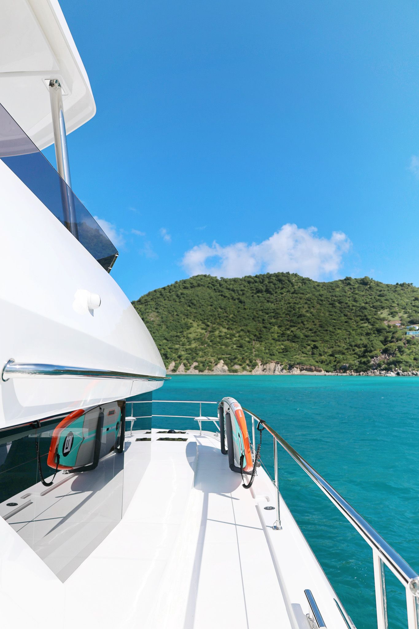 View from side of the Power Cat 53 feet Leopard by Arawak Charters with blue sky in Anguilla