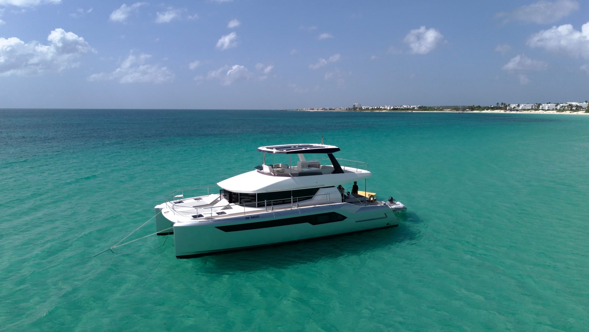 Arawak luxurious charters Leopard 53 feet boat drone side view in Anguilla, crystal sea water