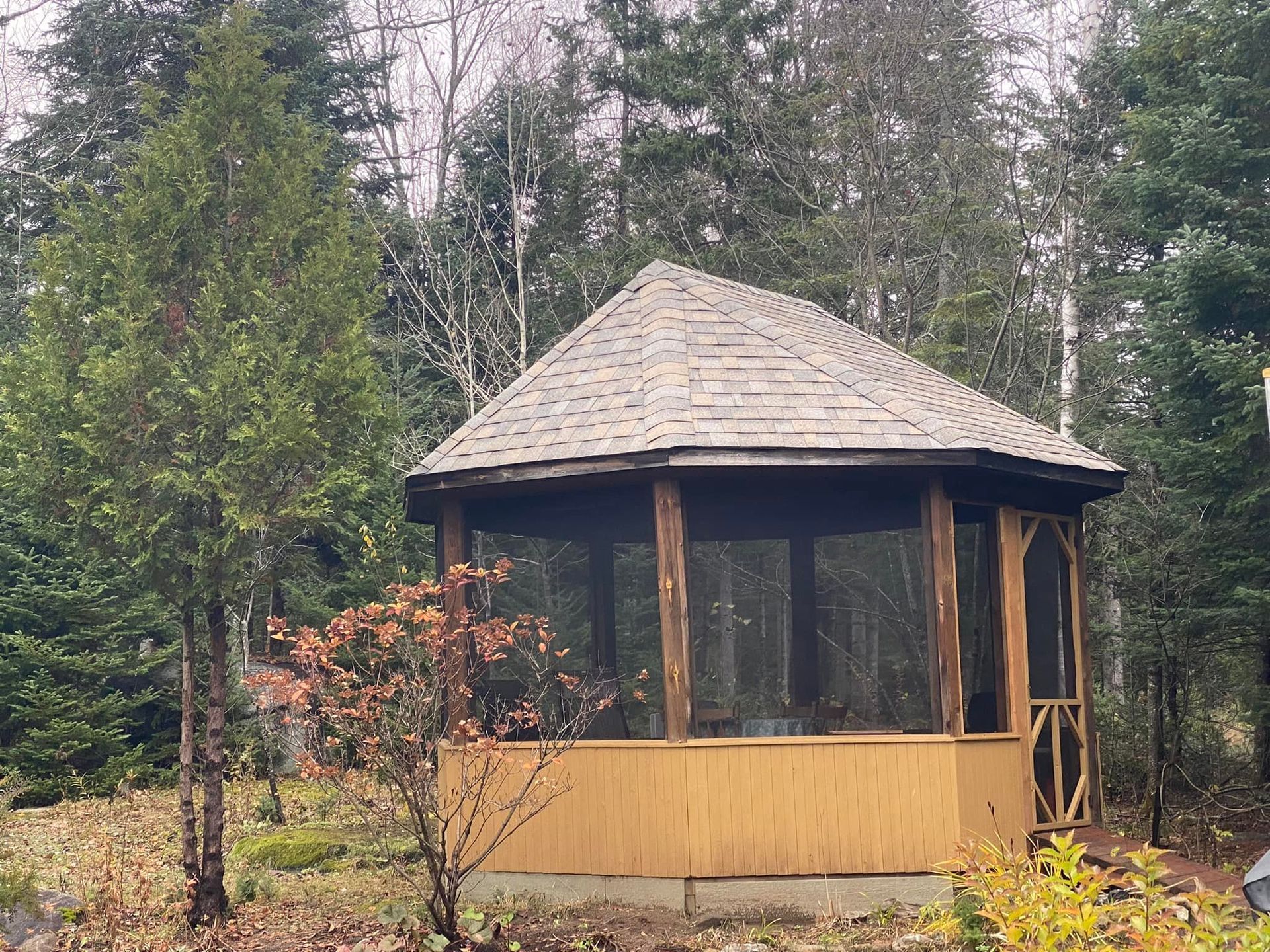 Un belvédère grillagé au milieu d'une forêt