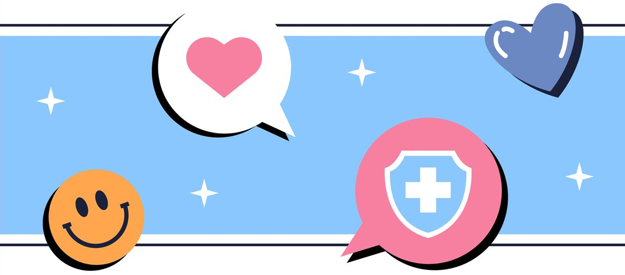 Smiley face, heart, blue heart, shield with cross on a blue background.