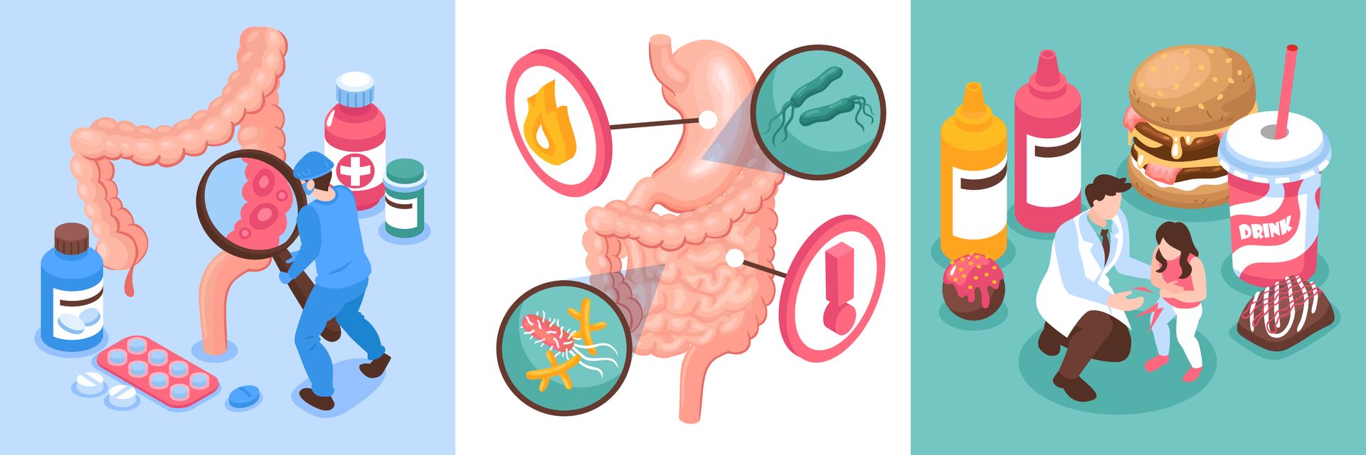 Series of illustrations: digestive system, doctor examining, unhealthy food, and medicine.