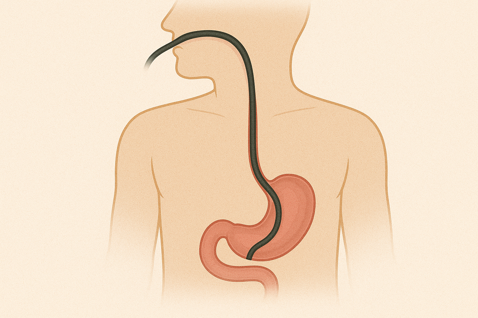 Illustration of an endoscopy procedure: a tube inserted down a person's throat into the stomach.