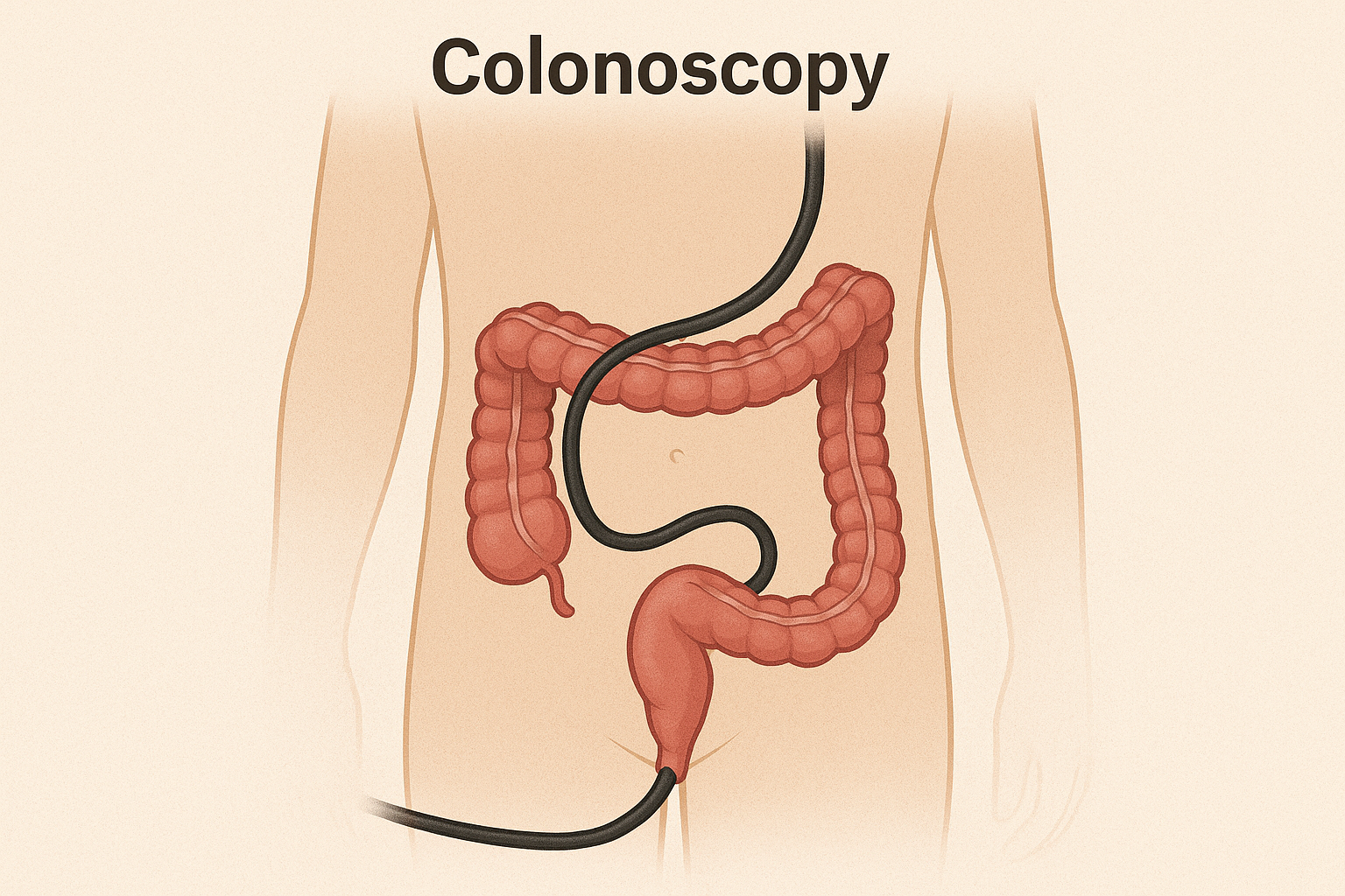 Colonoscopy illustration: a flexible tube inserted into colon.