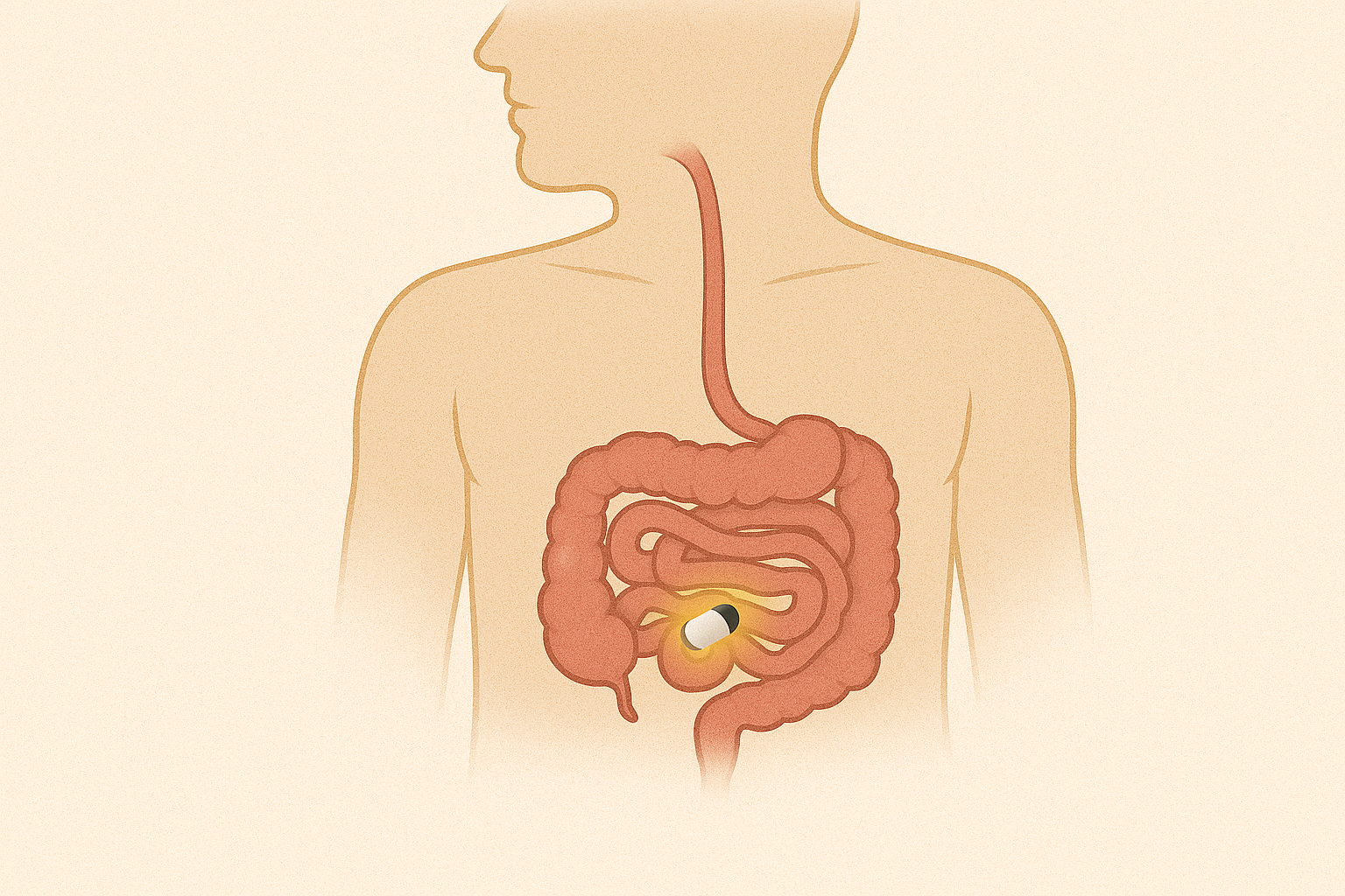 Diagram of human digestive system with pill inside the small intestine.