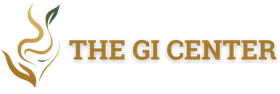 Logo for The GI Center: Gold abstract figure with a leaf, gold text.