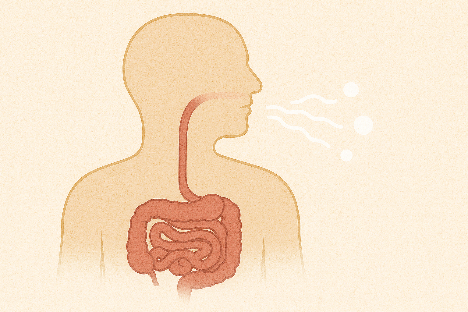 Diagram of a person exhaling, with the digestive system visible. Airflow represented by white lines.