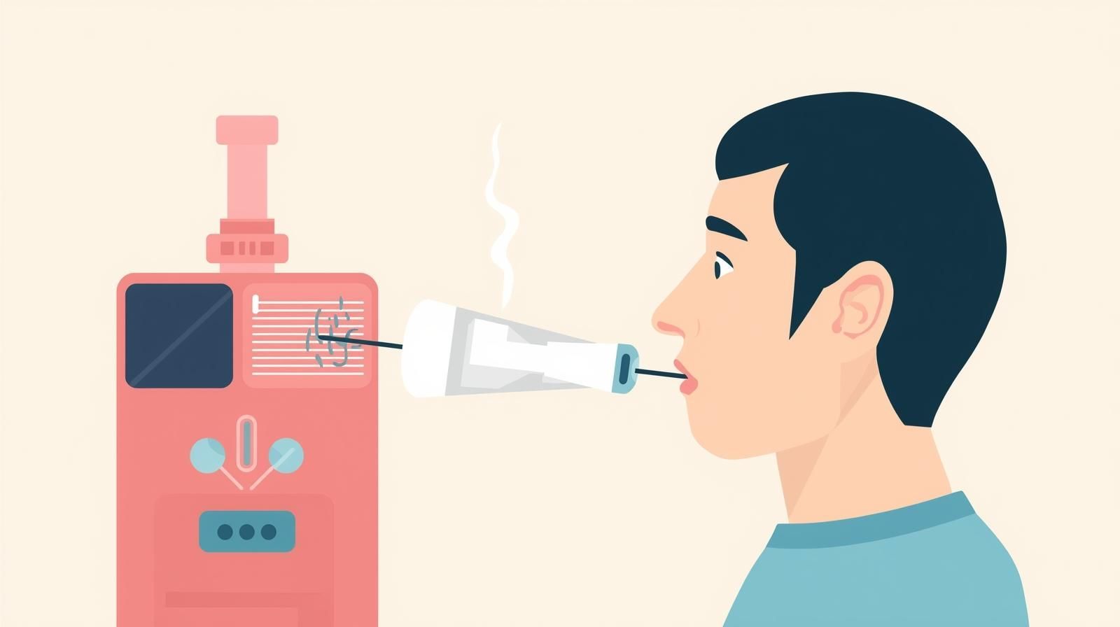 Man blowing into a breathalyzer. Pink machine, white mouthpiece, steam.
