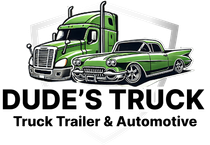 A logo for Dude’s Truck Trailer & Automotive in which green truck , a green car , and a green sports car are sitting next to each other on a white background.