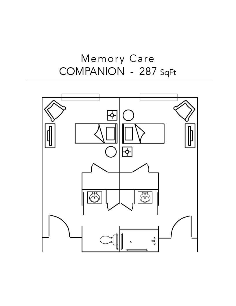 Floor plan for a Memory Care companion room. Includes two beds, a bathroom, and seating areas.
