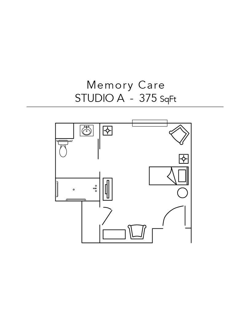 Floor plan of a Memory Care studio apartment. Includes a bathroom, bed, small sitting area, and closet. 375 sq ft.