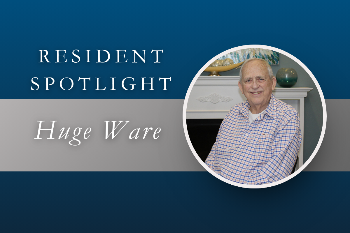 Resident Spotlight: Huge Ware. Man smiling in a round frame. Text overlay: Resident Spotlight. Blue and gray background.