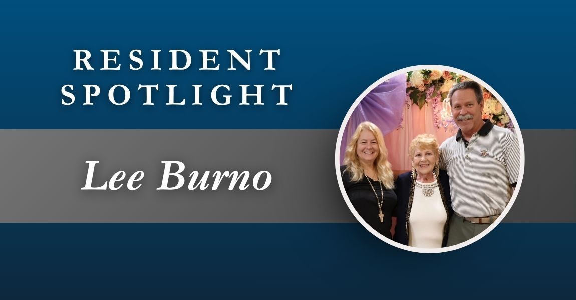 Resident Spotlight banner with the name Lee Burno and a small circular group photo on a blue background
