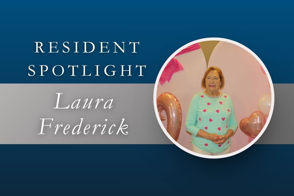 Resident Spotlight banner for Laura Frederick with her photo in a circular frame on a blue background