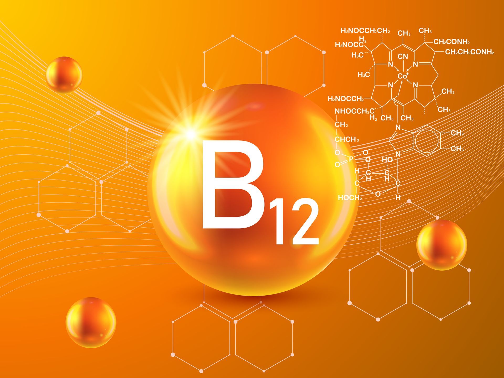 A sphere of vitamin b12 on a yellow background with chemical formulas.
