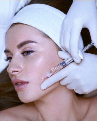 A woman is getting an injection in her hair.
