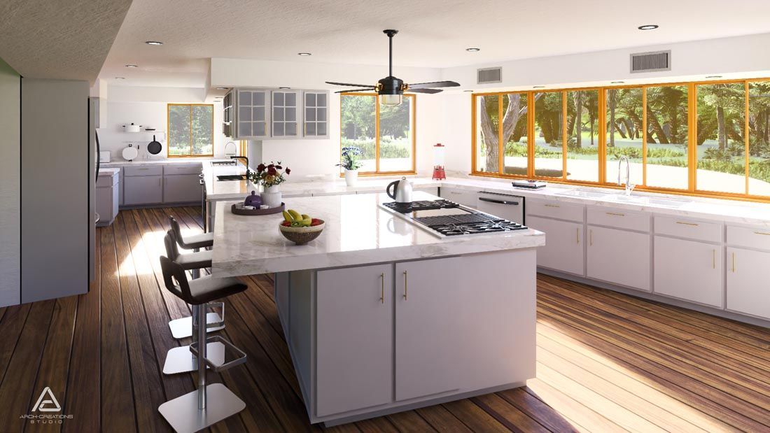 A kitchen with white cabinets and a large island in the middle