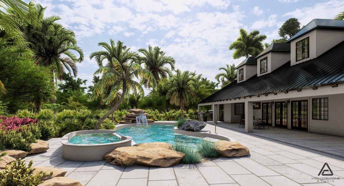 A 3d rendering of a house with a swimming pool in the backyard surrounded by palm trees.