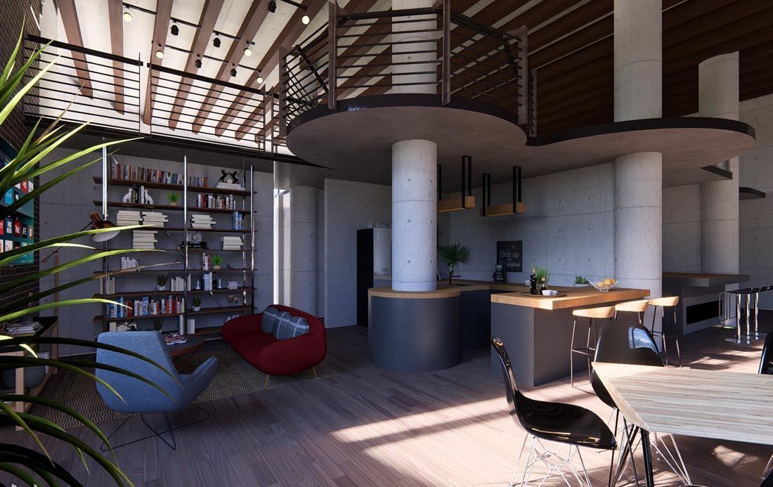 A living room with a table and chairs and a bookshelf