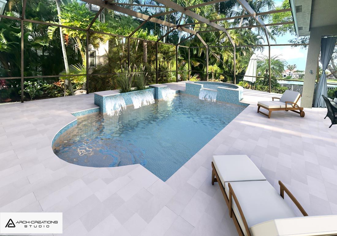 A large swimming pool is surrounded by chairs and trees